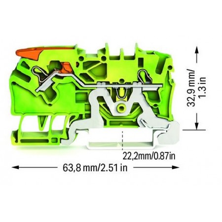 Złączka 2-przewodowa PE z dźwignią i Push-in 2,5 mm²