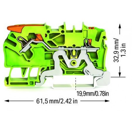 2-przewodowa złączka PE z dźwignią i przyciskiem, z otworem pomiarowym 2,5 mm²