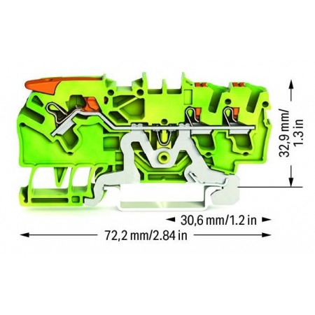 3-przewodowa złączka PE z dźwignią i przyciskiem, z otworem pomiarowym 2,5 mm²