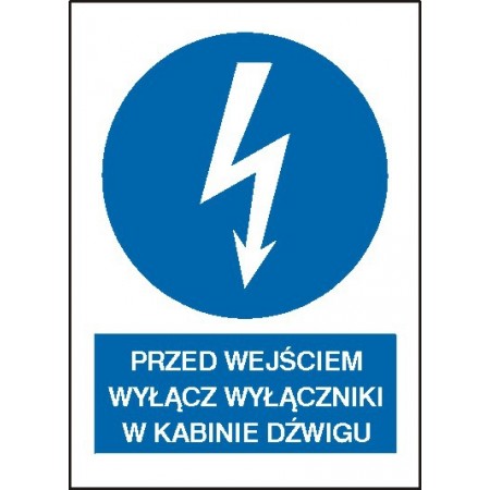 EG-tablice „Przed wejściem wyłącz wyłączniki w kabinie dźwigu” pionowa