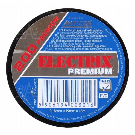 Taśma ELECTRIX 200 PREMIUM PCW 19mmx18m BK czarna