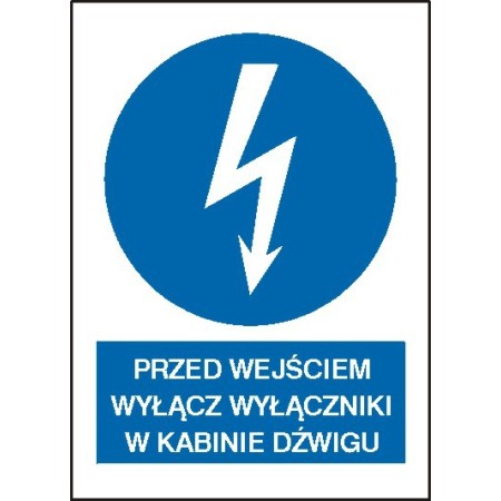 EG-tablice „Przed wejściem wyłącz wyłączniki w kabinie dźwigu” pionowa